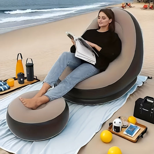Inflatable Recliner Sofa with Footstool Set - Heavy Duty Portable Folding Air Couch with Plush Fabric & Pump Included, Space-Saving Indoor Outdoor Lounge Chair for Camping, Backyard, Living Room & Travel, 6 Colors Available