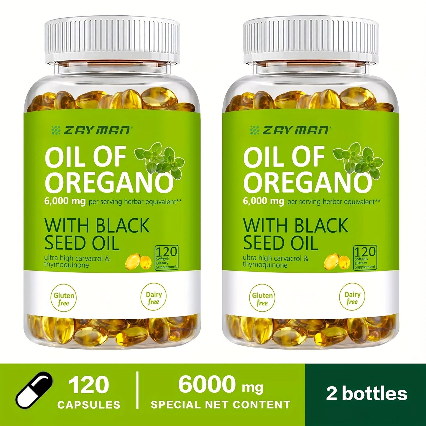 Wild Oregano Oil Softgels 6000mg with Black Seed Oil Carvacrol & Thymol for Immune Support Antifungal Antimicrobial Defense Gut Health & Respiratory Support — Dairy-Free Gluten-Free 120 Capsules Women & Men