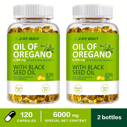 Wild Oregano Oil Softgels 6000mg with Black Seed Oil Carvacrol & Thymol for Immune Support Antifungal Antimicrobial Defense Gut Health & Respiratory Support — Dairy-Free Gluten-Free 120 Capsules Women & Men