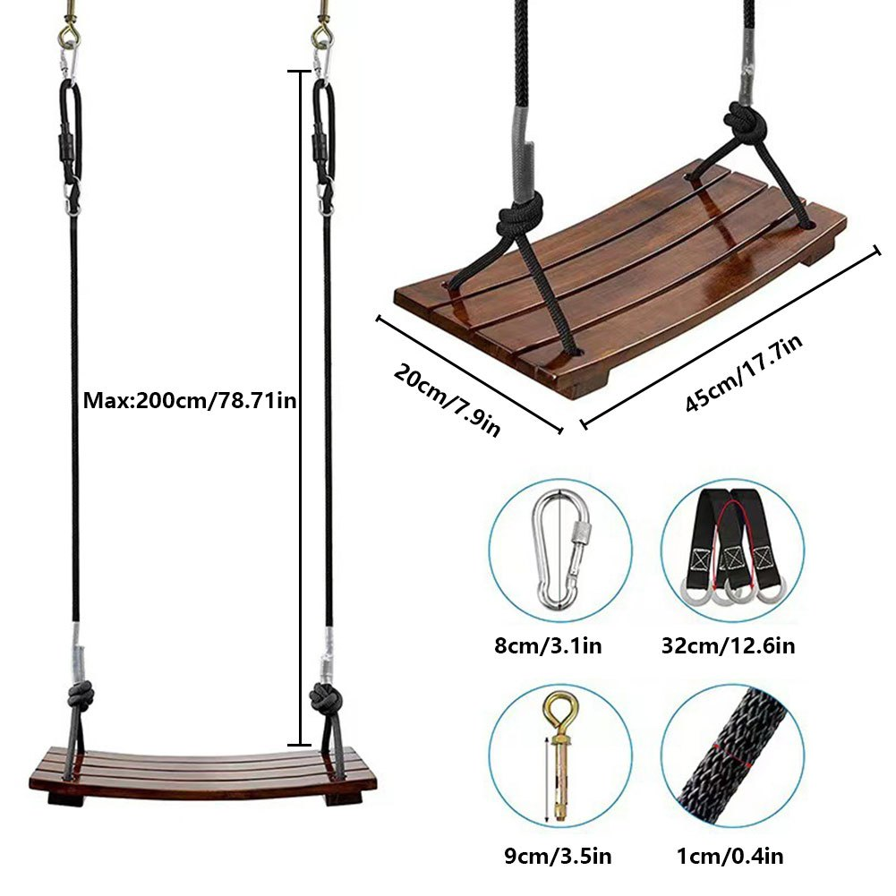 Solid Wood Outdoor Swing Seat 440LBS Capacity Adjustable Rope Length Single Seat Tree Swing for Kids Adults Backyard Garden Patio Hanging Rope Swing