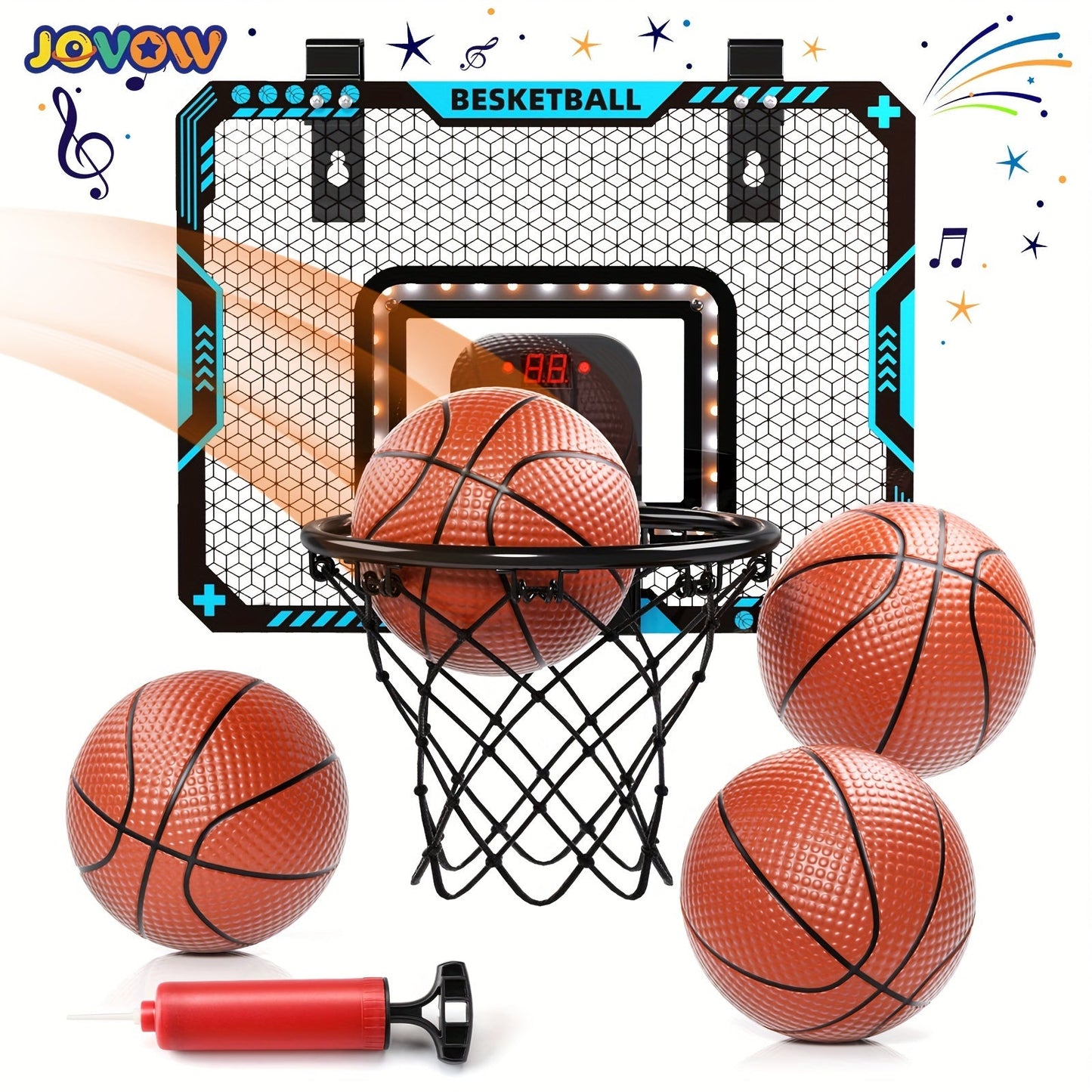 Over Door Basketball Hoop with LED Lights & Electronic Scoreboard – Mini Hoop Set with 4 Balls for Kids Teens Adults, No Drilling Indoor Outdoor Sport Game | Best Birthday Christmas Gift