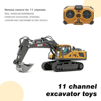 RC Excavator Toy 1:24 Scale 2.4GHz 9-Channel Remote Control with Alloy Metal Cap Lights & Sound Rechargeable Battery – Construction Truck for Boys Ages 6+ Birthday Christmas Gift Multiple Colors