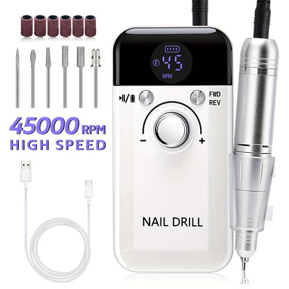 45000RPM Electric Nail Drill Machine Rechargeable Cordless with LCD Display Professional Nail File Drill for Acrylic Gel Nails Cuticle Removal Manicure Pedicure Polisher Home Salon Women Pink White