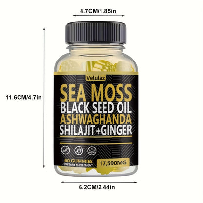 Sea Moss Gummies 10-in-1 Superfood Blend 60 Count 17590mg - Black Seed Oil Ashwagandha Shilajit Elderberry Turmeric Bladderwrack Ginger Chlorophyll Daily Immune Energy Wellness Supplement