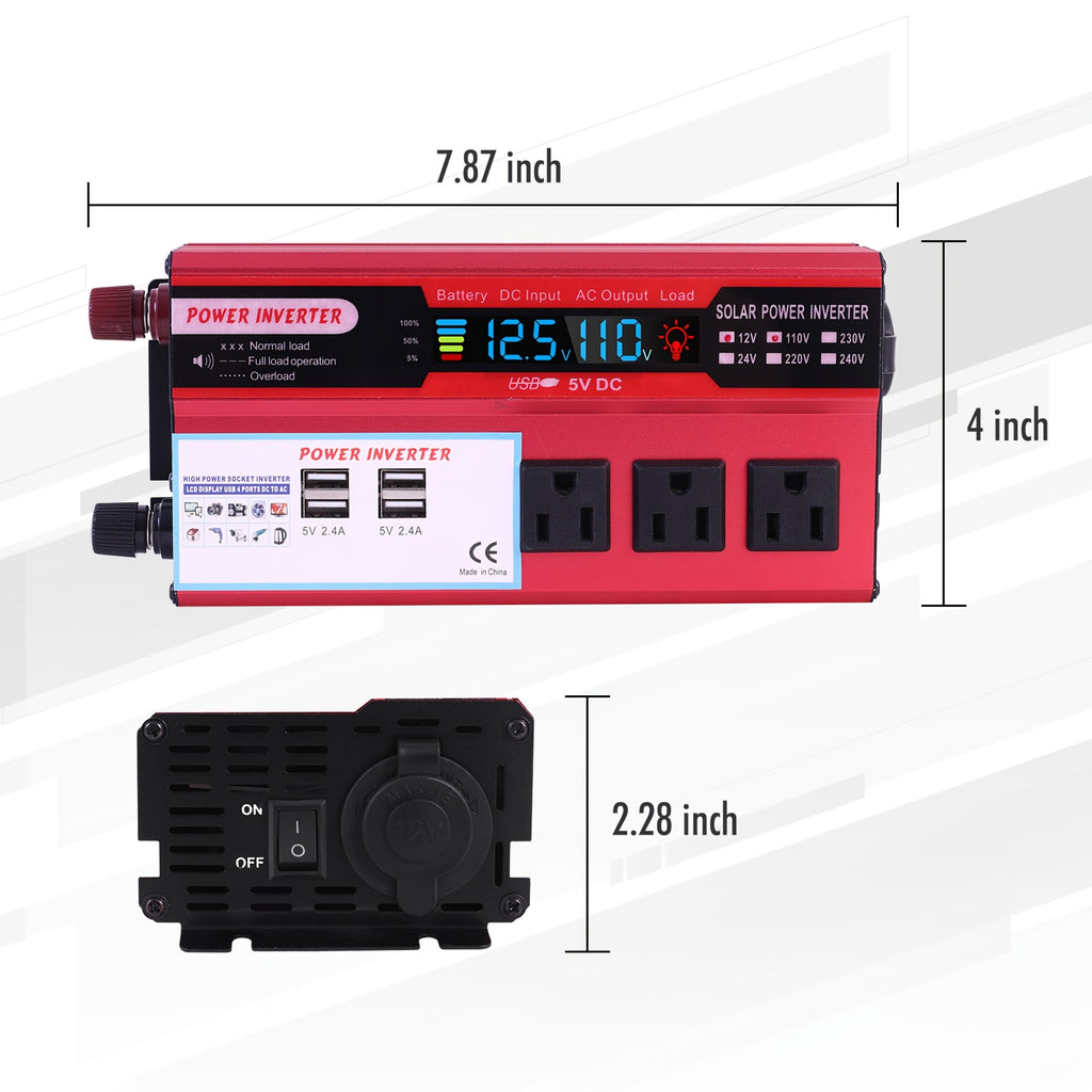 5500W Peak Power Inverter, Car Pure Sine Wave Inverter DC 12V to AC 110V, with LCD Digital Display and 4 USB Ports, 3 US Sockets, Fast Charging for Vehicles Trucks RVs and Outdoor