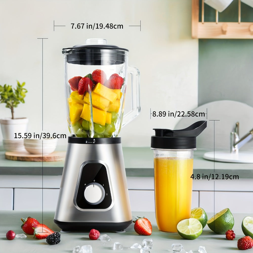 Countertop Blender 52oz Glass Jar & 22oz Portable Cup - 3-Speed Smoothie Juicer for Kitchen, Frozen Fruit, Milkshakes, Baby Food, Sauces & Fruit Purees, Powerful Home Blender Silver