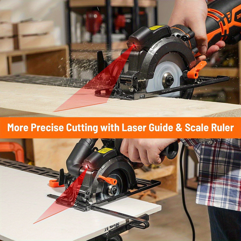 4.5 Inch Mini Compact Circular Saw with Laser Guide, Dual Metal Side Handle Stable Control, 5.2A 7000RPM Power Saw, 43mm Max Cutting Depth, 6 Extra Saw Blades Included, Cuts Wood, Plastic, Soft Metal, Tile. Perfect DIY Power Tool Gift