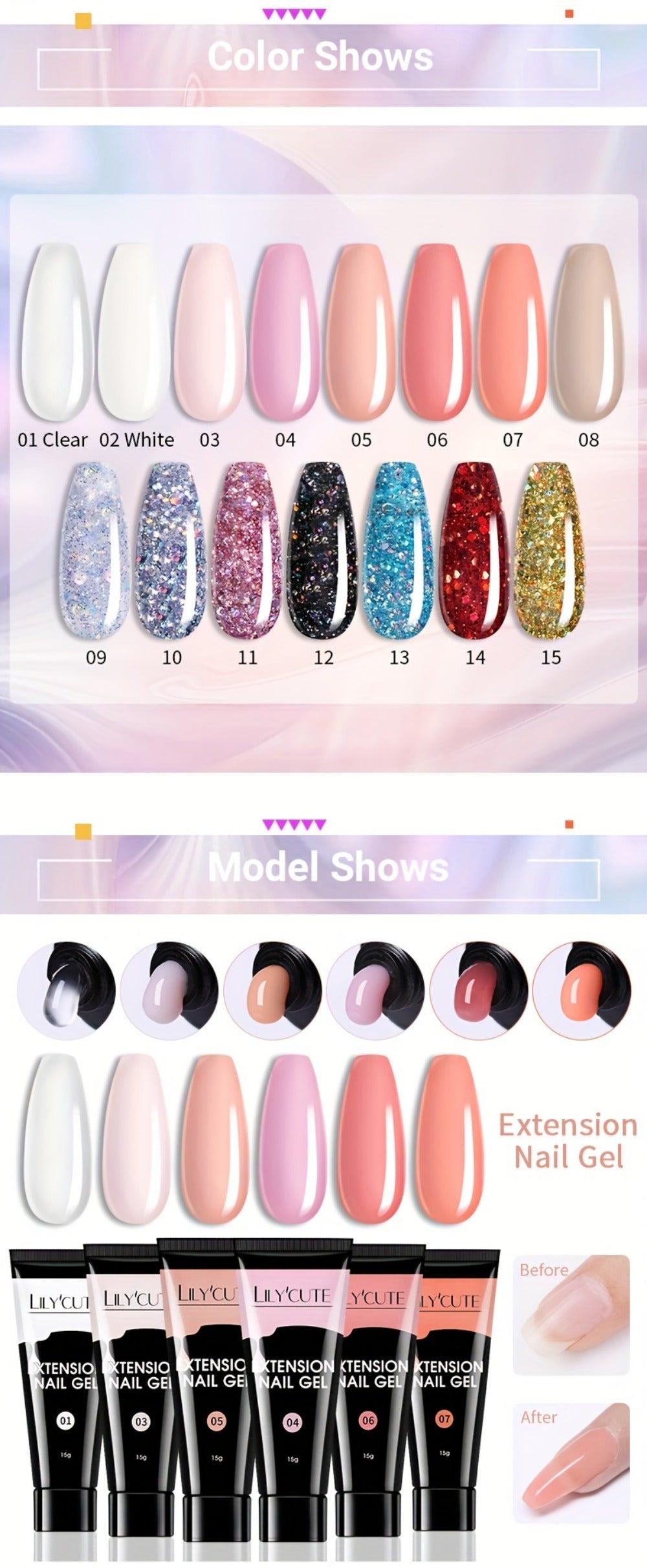 Builder Gel Nail Extension Kit – Quick Build UV LED Acrylic Gel in White Nude Pink Crystal for Nail Construction Overlay Sculpting Salon & Home Manicure 15g 0.51oz