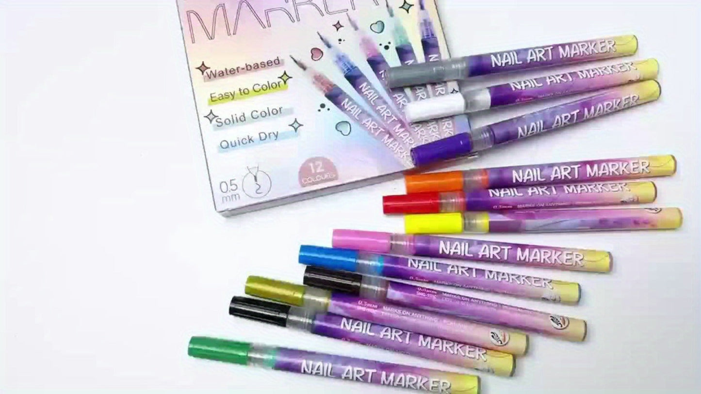 Acrylic Nail Art Pen Set 12 Colors 3D Doodle & Dot Stitching Pens – Quick Drying Precision Fine Tip for Professional Home Salon Nail Design, Long Lasting Vibrant Pigment