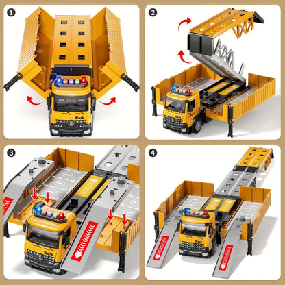 Construction Vehicle Container Truck Toy Set with Crane & Foldable Double Race Track | 4 Alloy Trucks, Realistic Sound & Lights | Kids Toy for Ages 3+