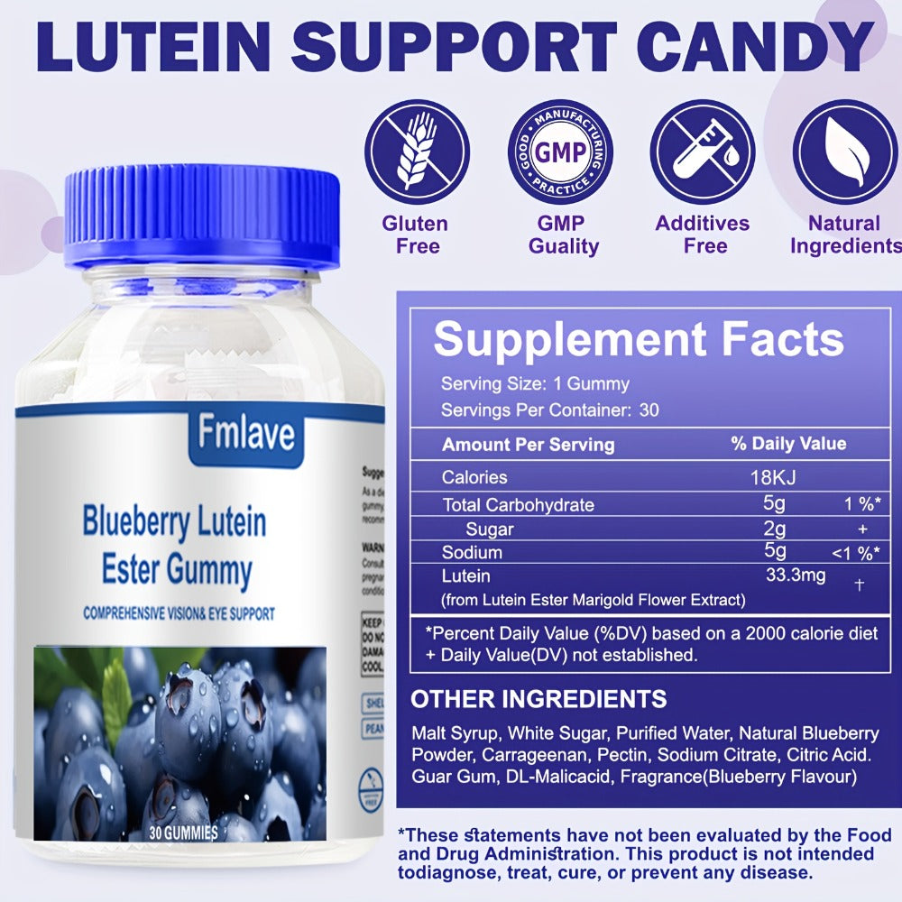 Lutein Eye Health Gummies Blueberry 30-Day Supply - Vision Clarity & Blue Light Protection Eye Vitamins for Kids & Adults - Individually Packed Chewable Eye Supplement 30 Count