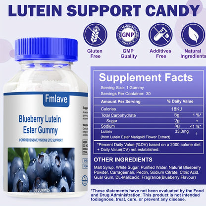 Lutein Eye Health Gummies Blueberry 30-Day Supply - Vision Clarity & Blue Light Protection Eye Vitamins for Kids & Adults - Individually Packed Chewable Eye Supplement 30 Count