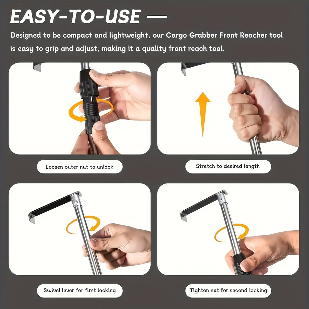 A Robust Stainless Steel Telescopic Grabber for Truck Beds, Featuring a Retractable Handle. This Heavy-Duty Tool Is Designed for Cargo Retrieval, Making It for easy to Lift And Move Heavy Items. It Serves As a Practical Accessory for Trucks with a D