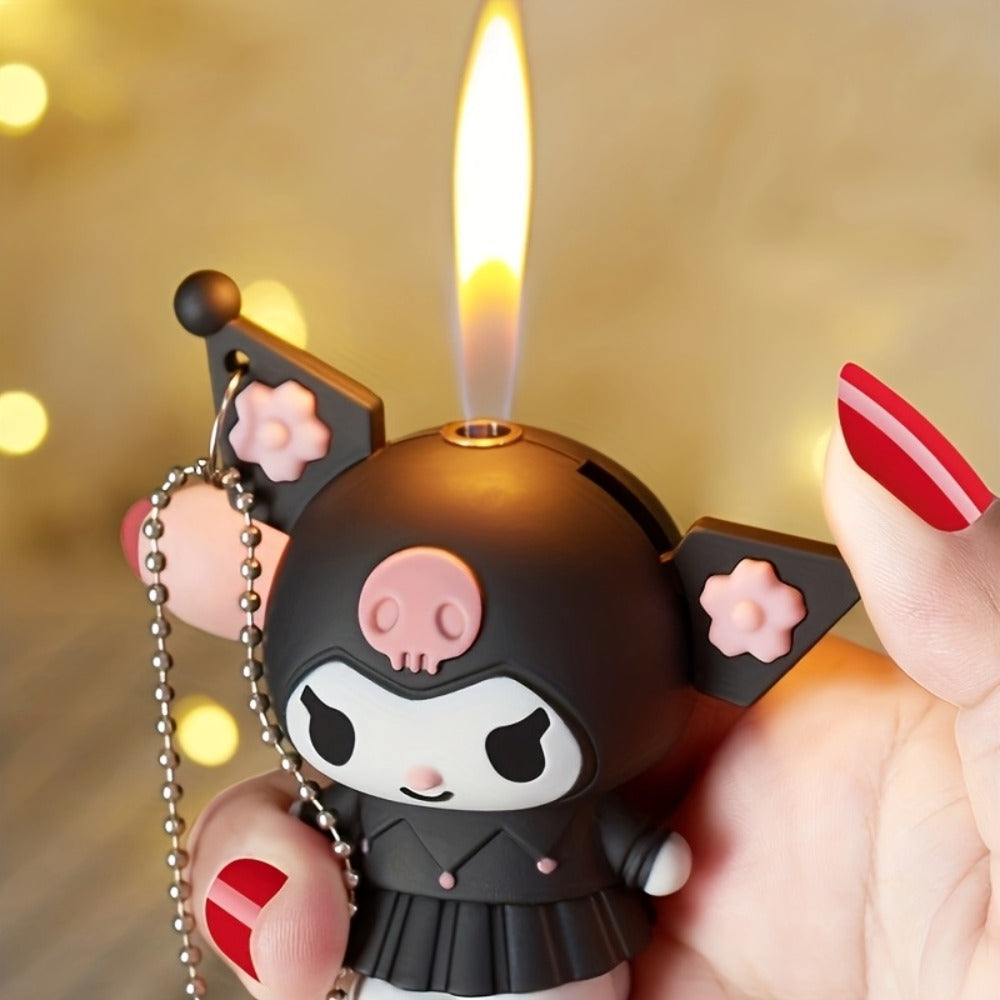 3D Kawaii Anime Figure Lighter with Chain, Cute Kuromi Sanrio Cartoon Open Flame Butane Lighter, Unique Kawaii Gift for Anime Fans, Available in 3 Colors – Black, Purple & Pink (No Butane Included)