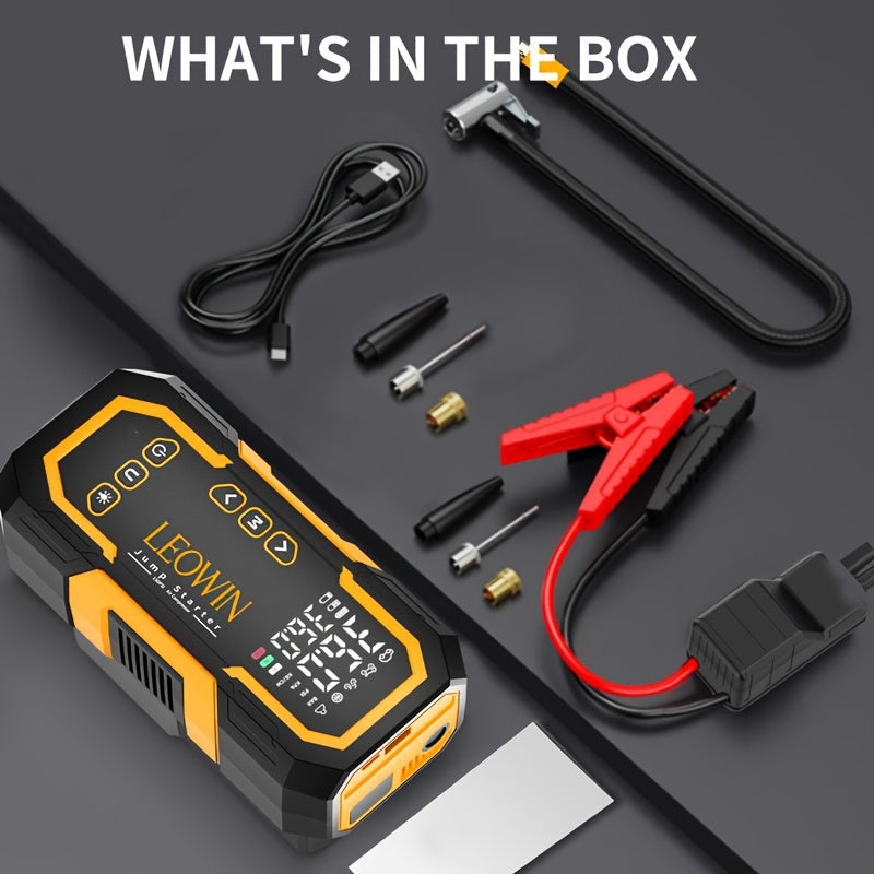 Portable Car Battery Jump Starter with Air Compressor, 12V Battery Booster Pack (9.0 Gas/1.72gal Diesel) with 150PSI Auto-Shutoff Tire Inflator, Jump Box with Smart Clamps, Jumper Cables, USB Input/output, LED Emergency, Car Accessories Tools