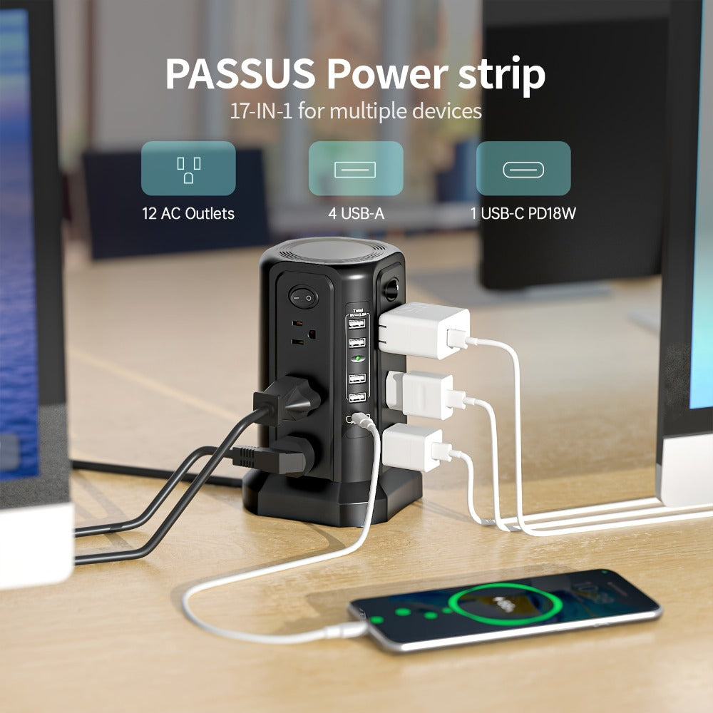 Surge Protector Power Strip Tower with 12 AC Outlets 5 USB Ports 8.8FT Extension Cord Night Light 4 Individual Switches Overload Protection for Home Office Desk Dorm Room