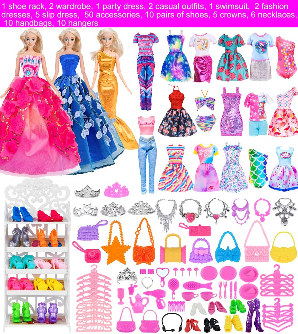 Doll Closet Playset 105 Piece Rose Wardrobe for 11.5 Inch Dolls – Wedding Gowns Fishtail Dress Swimsuit Shoes Handbags Crowns & Necklaces, Barbie-Size Fashion Gift for Girls Ages 6-12 No Doll