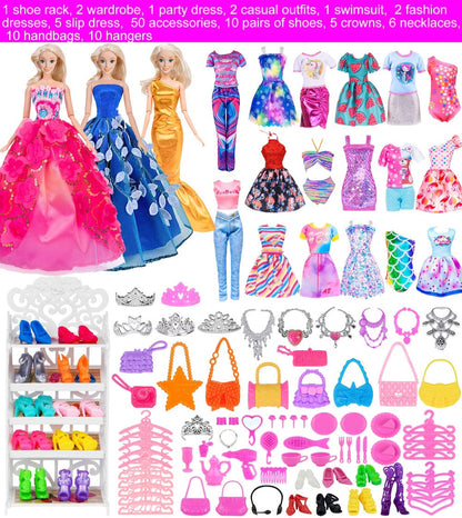 Doll Closet Playset 105 Piece Rose Wardrobe for 11.5 Inch Dolls – Wedding Gowns Fishtail Dress Swimsuit Shoes Handbags Crowns & Necklaces, Barbie-Size Fashion Gift for Girls Ages 6-12 No Doll