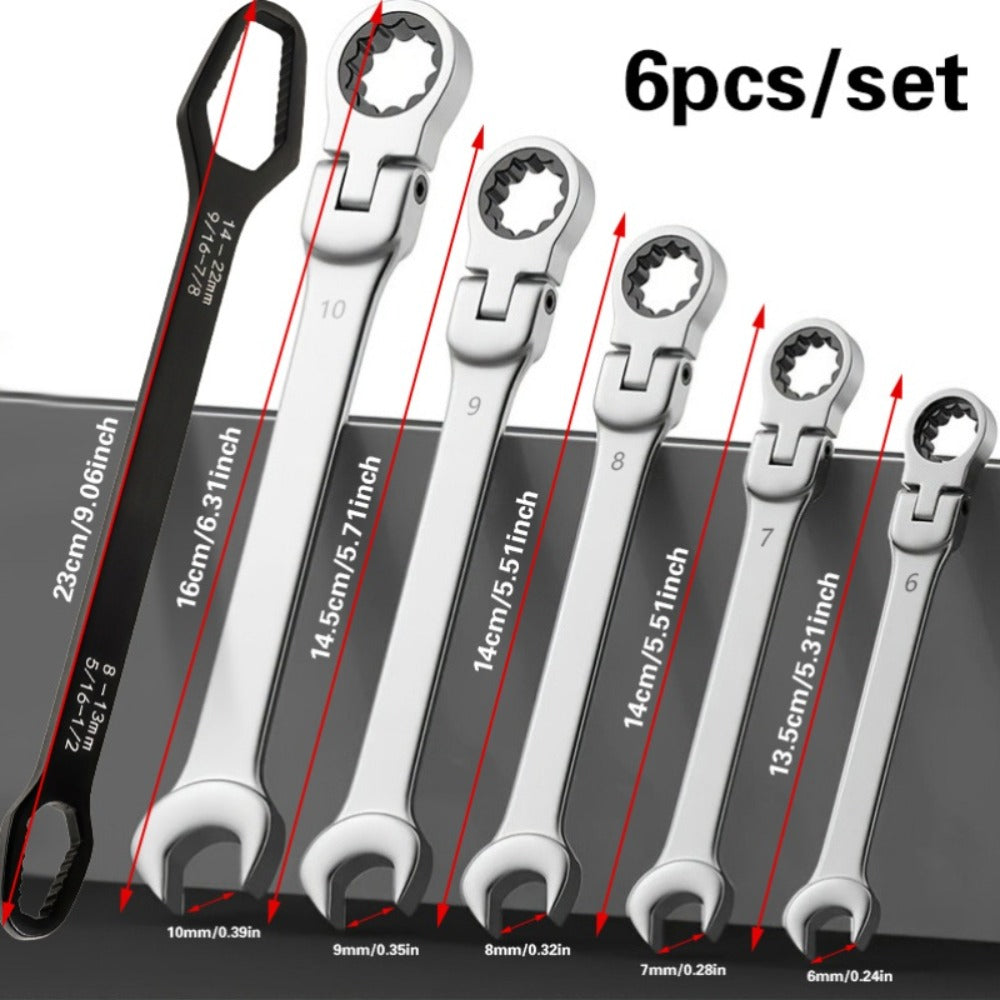 Flexible Head Ratchet Wrench Set 6-Piece – 72-Tooth 180° Dual-End CR-V Steel, Metric 6-10mm Double-Headed Wrenches for Auto, Motorcycle & Bike Repair, Compact Tool Kit
