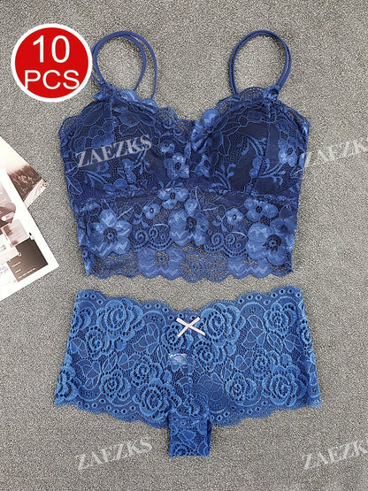 10-Pack Women's Bra and Panty Lingerie Set - Floral Lace Coordinated Style