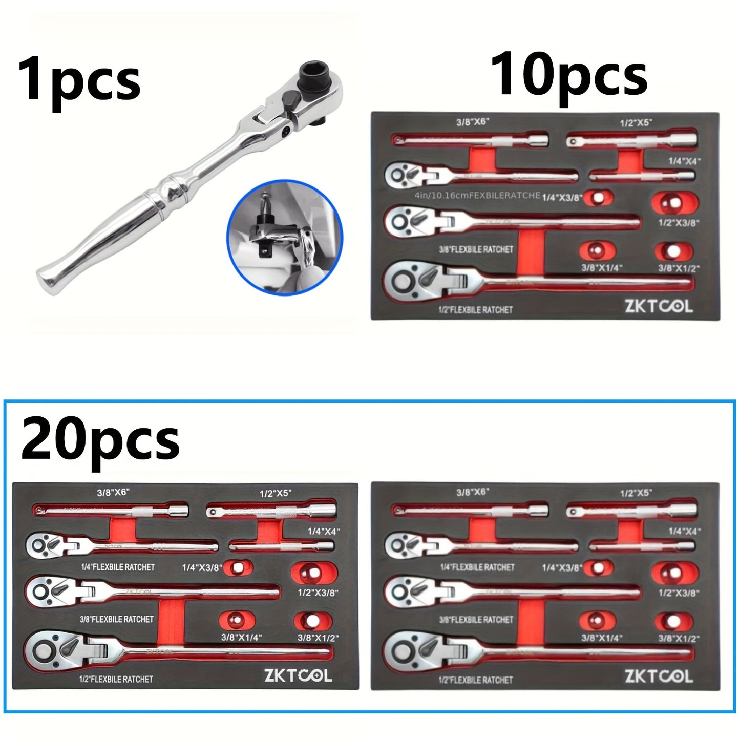 1pc/10pcs/20pcs Spring Head Ratchet Wrench Set, 1/4", 3/8", 1/2" Drive, Swivel Head Ratchet Wrench with Extension