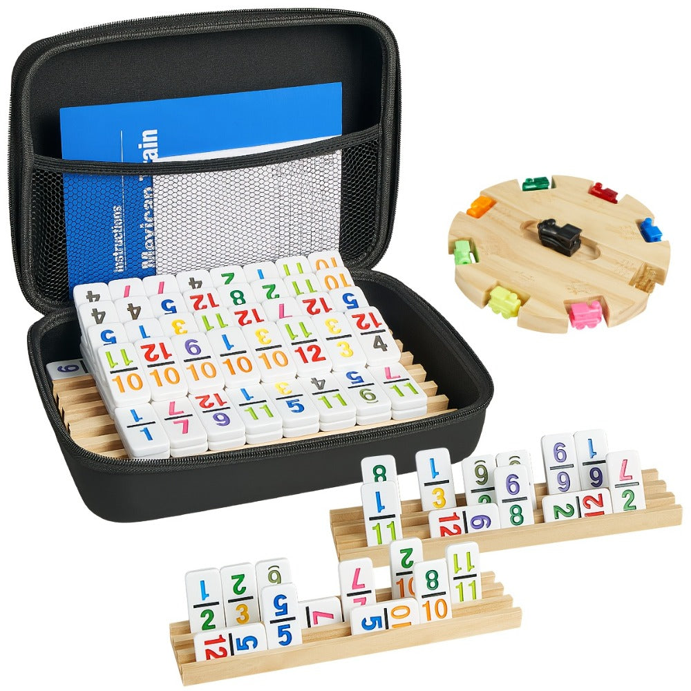 Mexican Train Dominoes Double 12 Set – 91 Colorful Tiles, 9 Metal Trains & 4 Wooden Racks, Complete Strategy Board Game with EVA Travel Case for Family Game Night, Adults & Kids, Classic Christmas & Holiday Gift