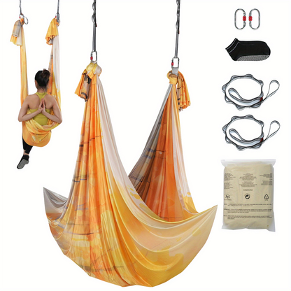 Aerial Yoga Hammock Kit 8.7 Yards – 100GSM Nylon Anti-Gravity Yoga Swing with Full Rigging Hardware, Aerial Silk for All Levels, Home & Studio Aerial Yoga Setup, Light Blue / Golden / Gradient
