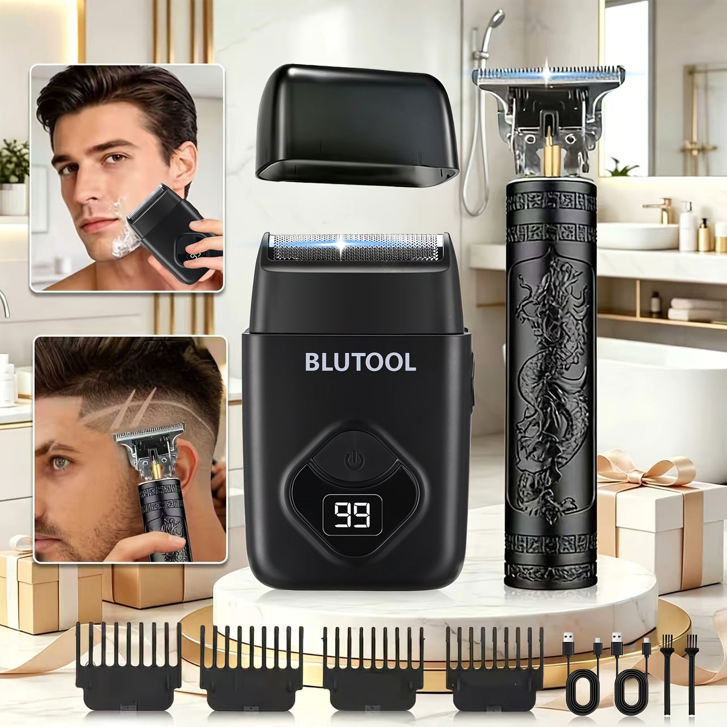 Multi-Piece Hair Clipper Kit for Men – USB Rechargeable Cordless Electric Trimmer Set, 2-Piece & 4-Piece Home Travel Barber Tool, Black Blue Gold Grooming Gift