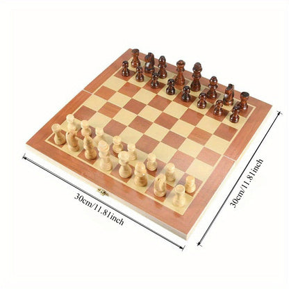 Wooden Folding Chess Set 12 Inch – Handmade Portable Chessboard 30x30cm with Game Pieces, Classic Strategy Board Game for Adults Kids, Home Travel Gift