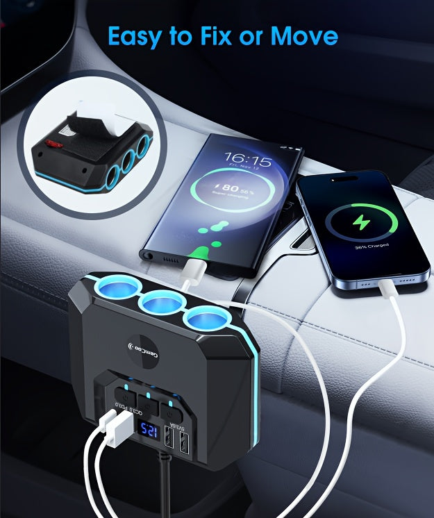 QC3.0 Car Lighter Socket Splitter Upgrade, 120W, Featuring 3 Sockets And 4 USB Ports with Dual PD 36W/QC3.0 Rapid Charging, LED Voltmeter, Individual Switches, 30-Inch Cable, Compatible with 12V-24V Vehicles