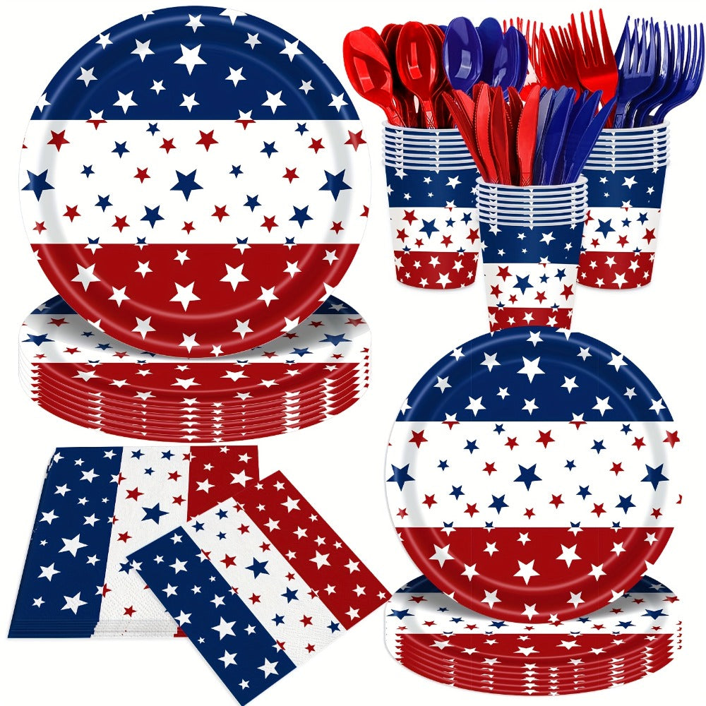 4th of July Party Supplies 140 Pcs – Patriotic Disposable Paper Plates & Napkins for Independence Day BBQ, Memorial Day & Red White Blue Party Decorations Serves 20 Guests