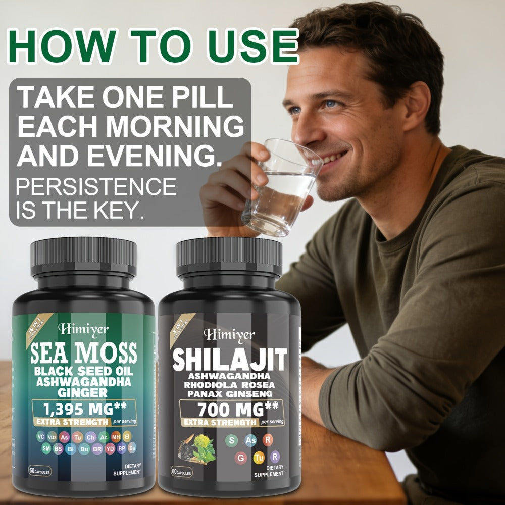 Sea Moss & Shilajit Capsules Bundle Set – Sports Nutrition Dual Formula for Energy, Bone Support, Relaxation & Focus – Super Golden Combination Daily Wellness Supplement for Men & Women