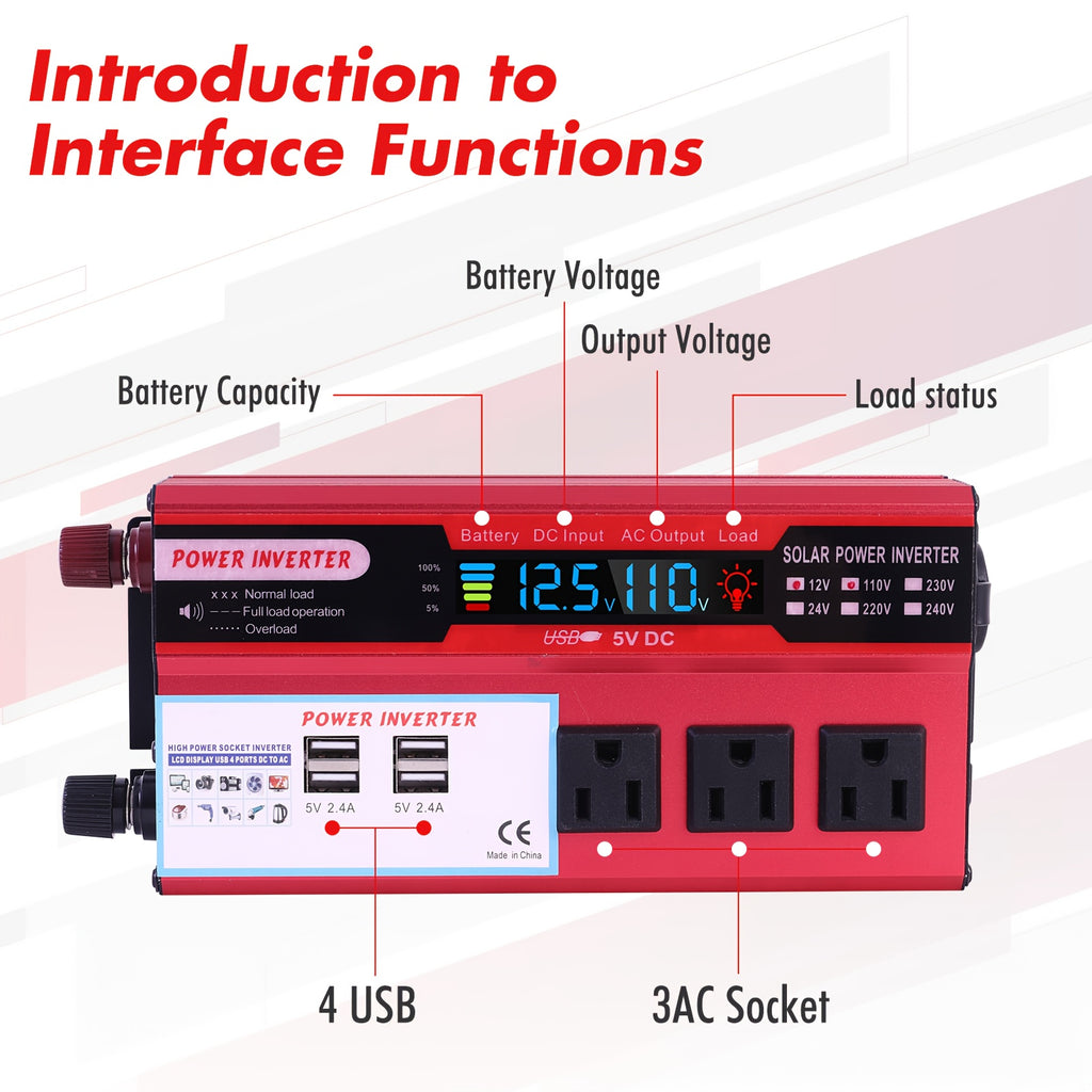 5500W Peak Power Inverter, Car Pure Sine Wave Inverter DC 12V to AC 110V, with LCD Digital Display and 4 USB Ports, 3 US Sockets, Fast Charging for Vehicles Trucks RVs and Outdoor