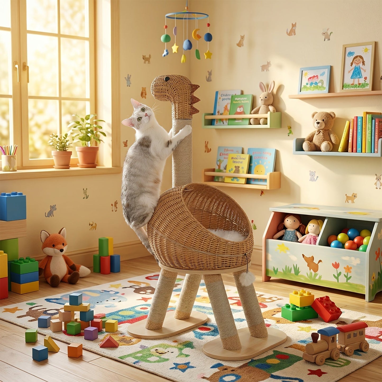 Dinosaur Cat Tree Tower 46 Inch – Large Rattan Cat House with 4 Sisal Scratching Posts, Wicker Bed & Removable Mat, Multi-Level Platform for Large Indoor Cats, Maine Coon Friendly, Brown