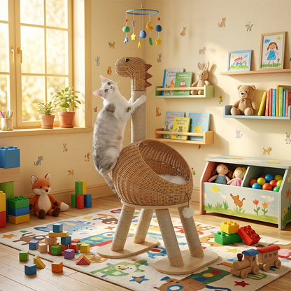 Dinosaur Cat Tree Tower 46 Inch – Large Rattan Cat House with 4 Sisal Scratching Posts, Wicker Bed & Removable Mat, Multi-Level Platform for Large Indoor Cats, Maine Coon Friendly, Brown