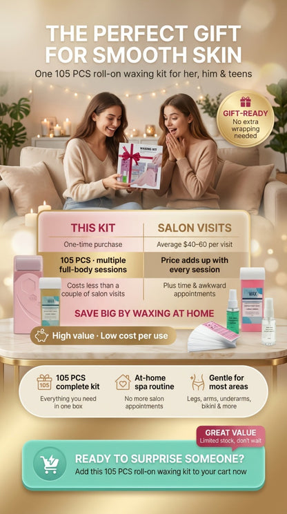Roll On Wax Kit 105 Piece Complete Home Waxing Set - 2 Roll On Wax Rollers, Wax Warmer, 100 Waxing Strips, Lavender Oil & Pre-Post Spray - Pro Hair Removal for Face Brazilian Bikini Full Body Sensitive Skin
