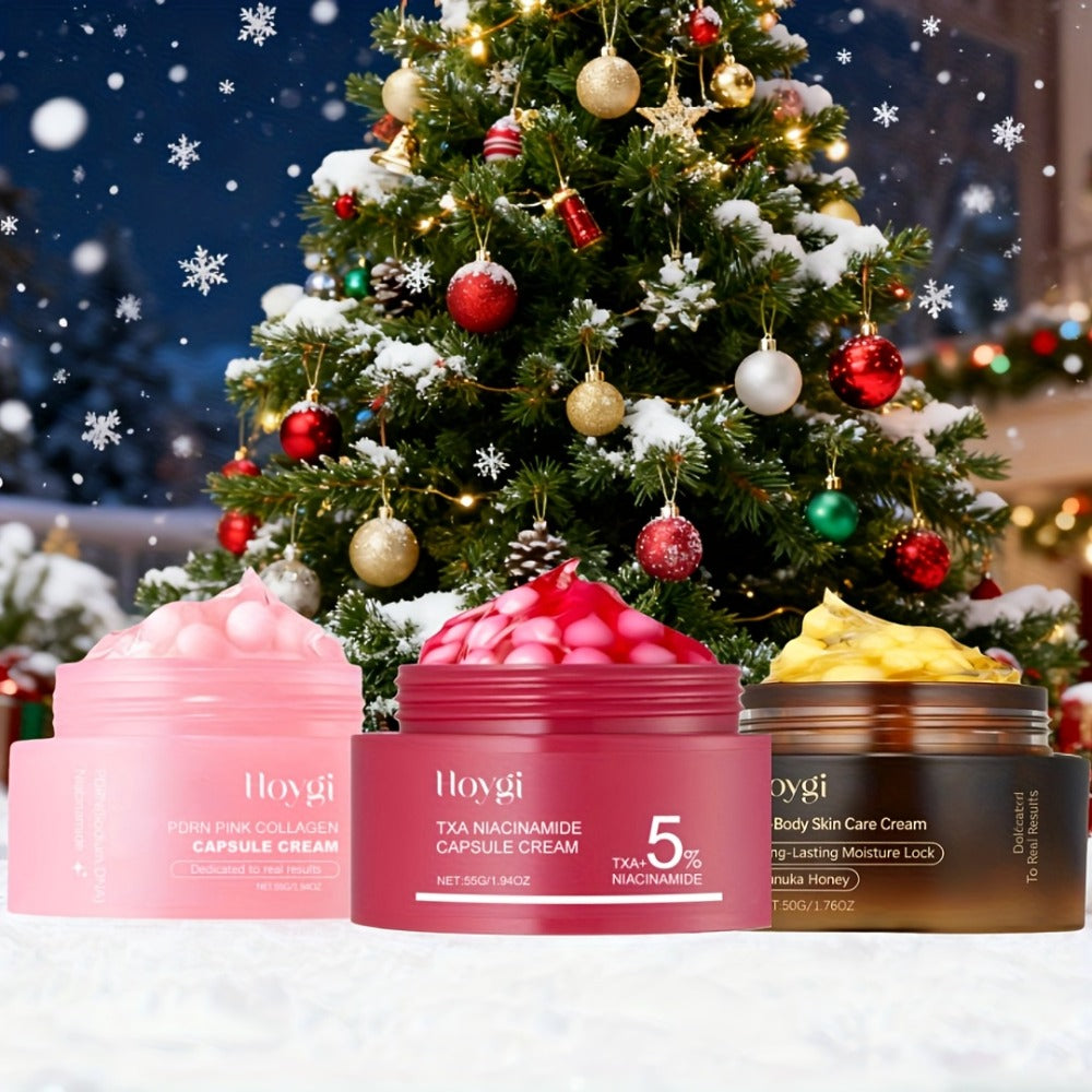 PDRN Collagen Capsule Cream Set 3pcs Vitamin C Niacinamide Advanced Capsule Technology Deep Moisturizing Day Night Face Cream — Brightening Firming Pore Minimizing Skincare Gift for Women