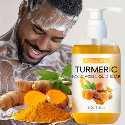 Turmeric Kojic Acid Liquid Soap 250g – Skin Brightening Body Wash for Dark Spots, Even Skin Tone, Deep Cleansing Rich Foam, Long-Lasting Fragrance, Gentle for All Skin Types