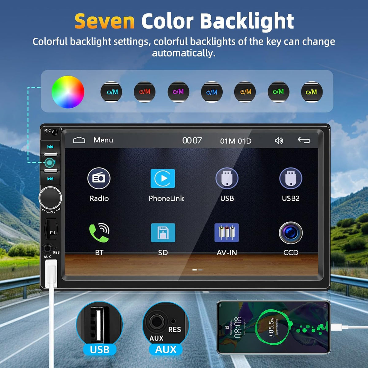 7" Double Din Car Stereo with Bluetooth 5.0, Touchscreen Universal Car Multimedia Player with Wired CarPlay & Android Auto, FM Radio, Rear View Camera Mic Support TF/USB