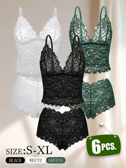 6-Pack Women's Bra and Panty Lingerie Set - Floral Lace Coordinated Style