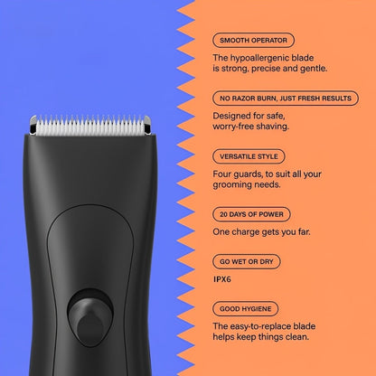 Waterproof Body Hair Trimmer for Men IPX6 Electric Groomer Replaceable Ceramic Blade - Full Body Manscaping Chest Groin Underarm Back Hair Shaver Wet Dry Black Purple Gift
