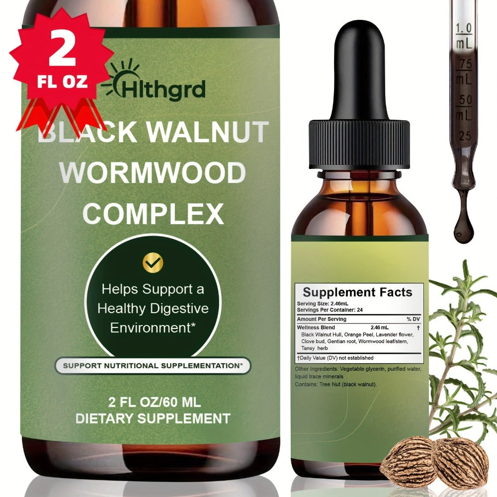 Wormwood Black Walnut Clove Liquid Drops – Herbal Gut Cleanse & Digestive Support Complex with Gentian Root & Tansy | Orange Flavor | 2 fl oz | Fast-Absorbing Formula for Women & Men