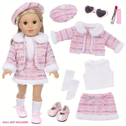 18 Inch Doll Knitted Clothes Outfit Set with Hat Jacket Skirt Shoes Socks Sunglasses Lipstick – Complete Baby Doll Accessories for 16-18 Inch Dolls Playing House Gift for Girls Birthday Christmas