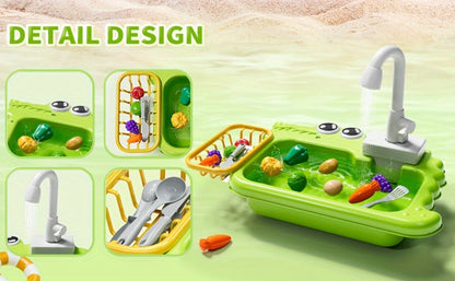 Kids Play Sink Toy with Running Water – Automatic Water Cycle System Pretend Play Dishwasher Kitchen Sink for Toddlers Boys & Girls, Role Play Kitchen Accessory Birthday Gift