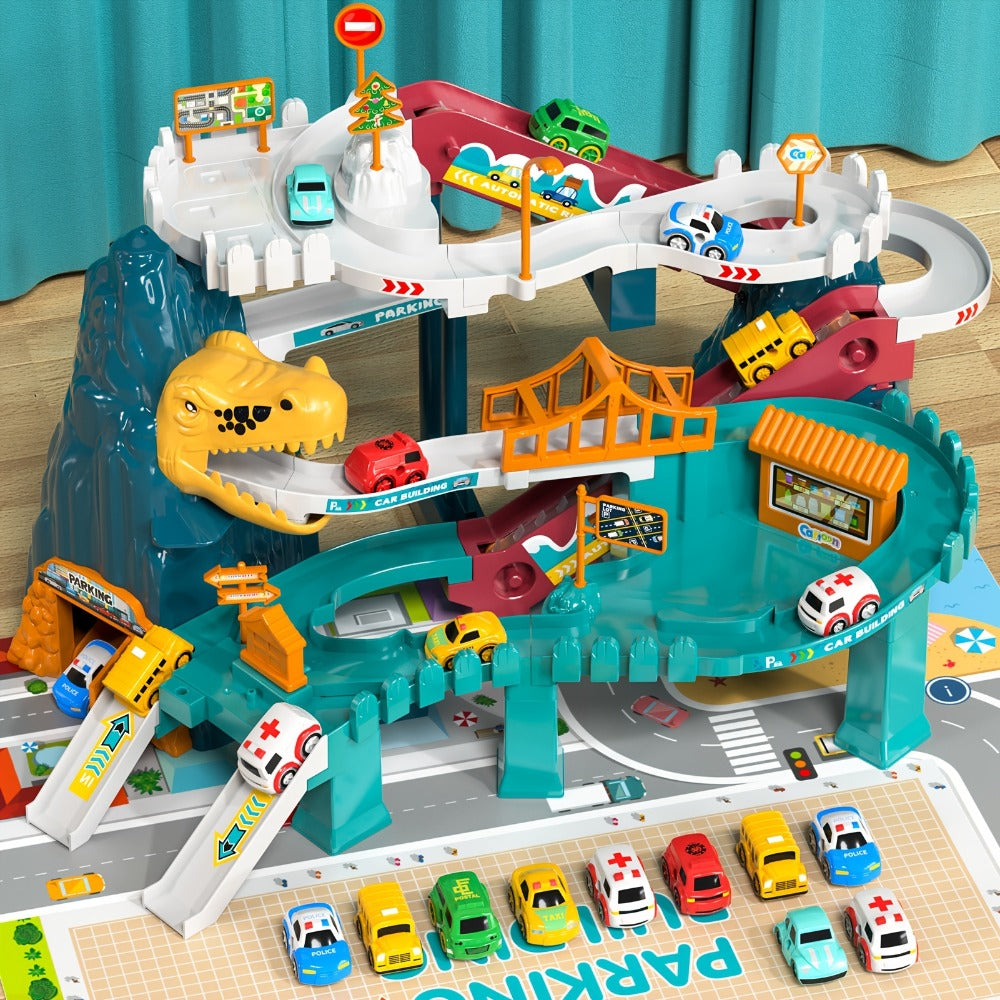 Dinosaur Race Track Toy Set for Kids with 10 Mini Cars & Ramp Launcher – Multi-Level Dino Car Racing Playset for Boys Girls Toddlers Ages 3-8 Birthday Christmas Gift