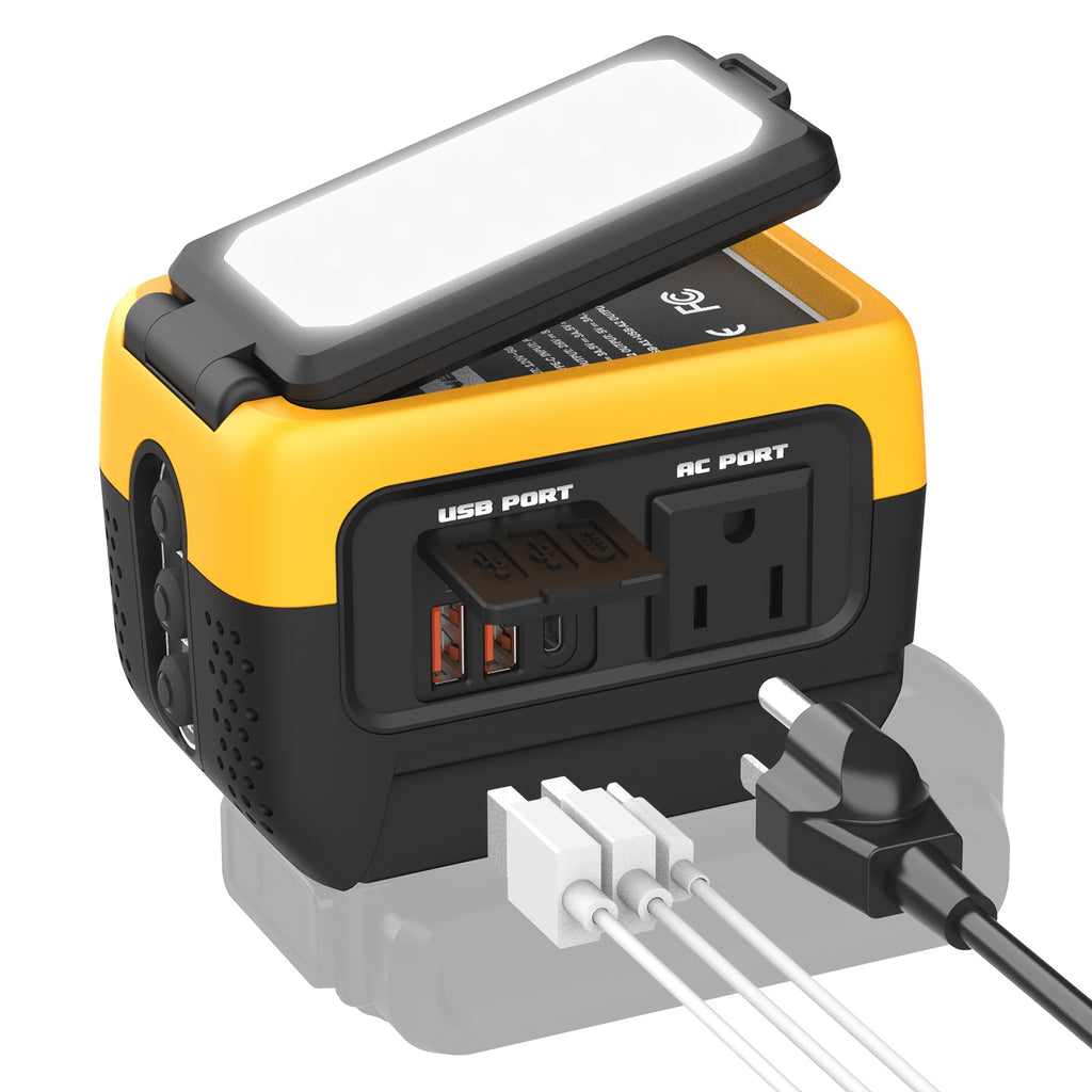 240W Power Inverter Pure Sine Wave, Compatible with De-Walt 20V Battery, Power Inverter Adapter, USB-C 140W Fast Battery Bidirectional Charger, 120V AC Outlets, 2 QC USB Ports(18W), 600LM LED, Summer Outdoor Camping Essentials(No Battery)