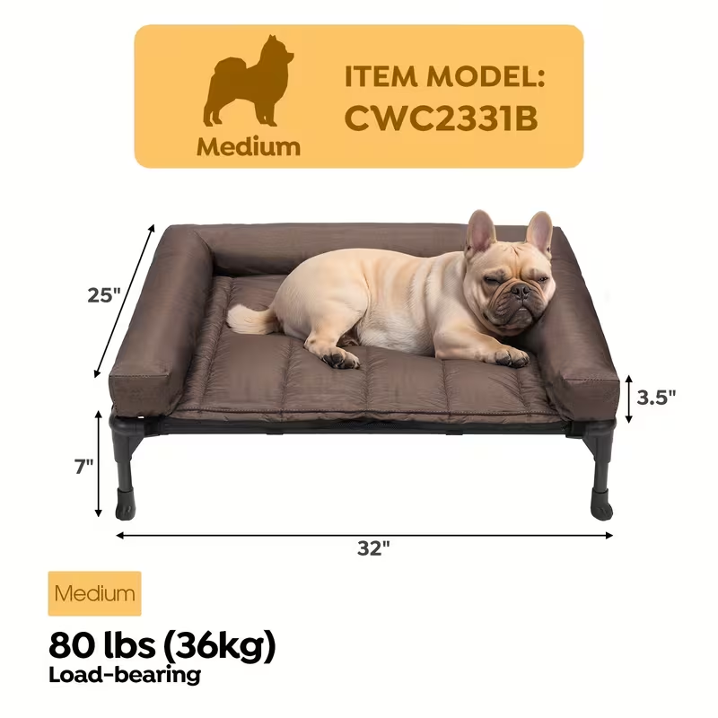 Elevated Dog Bed with Cooling Mesh & Removable Bolster Pillow Top Mat – Raised Dog Cot Bed, No-Slip Feet, Breathable Dog Sofa Bed for Indoor & Outdoor Use