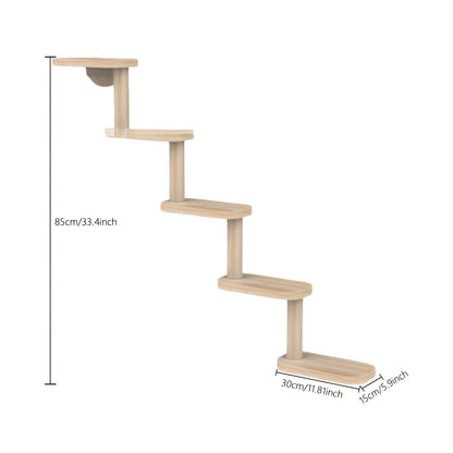 Wall-Mounted Cat Tree 5 Layers Solid Wood Indoor Cat Climbing Frame Jumping Platform Ladder Space-Saving for Small Spaces Multi-Cat Homes Living Room Bedroom Balcony