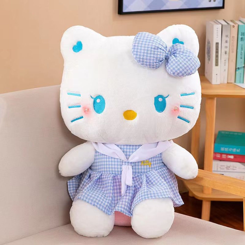 Hello Kitty Dress Up Plush 13.78 Inch — Sanrio Licensed KT Cat Stuffed Doll in Plaid Outfit, Oversized Kawaii Cuddle Pillow & Room Decor Gift for Girls Teens Pink Blue