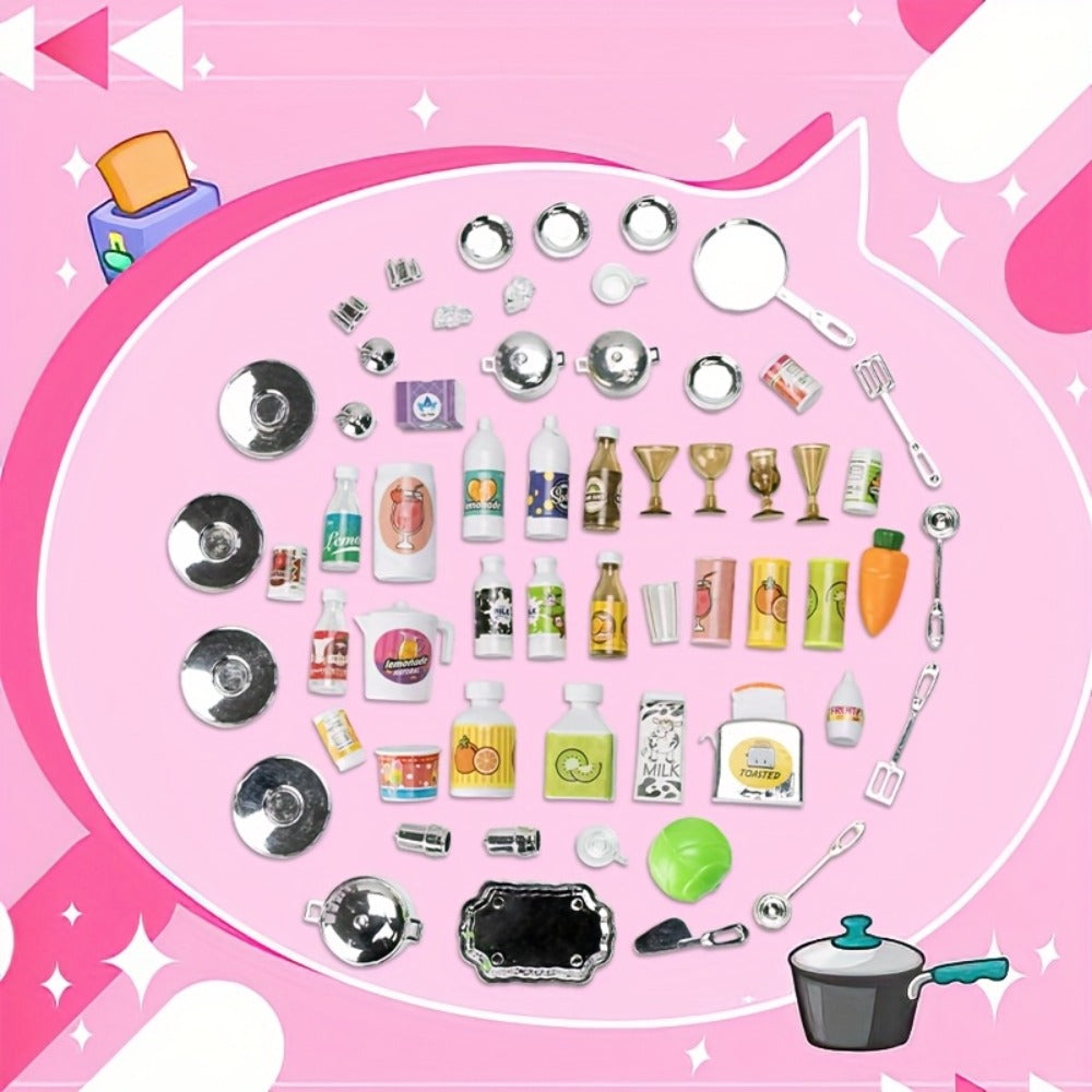 Pink Kitchen Toy Set 64pcs with Lights & Sounds – Mini Furniture Doll Playset for Girls | Pretend Play Kitchen Accessories, Birthday & Christmas Gift for Toddlers & Kids Ages 3 4 5 6